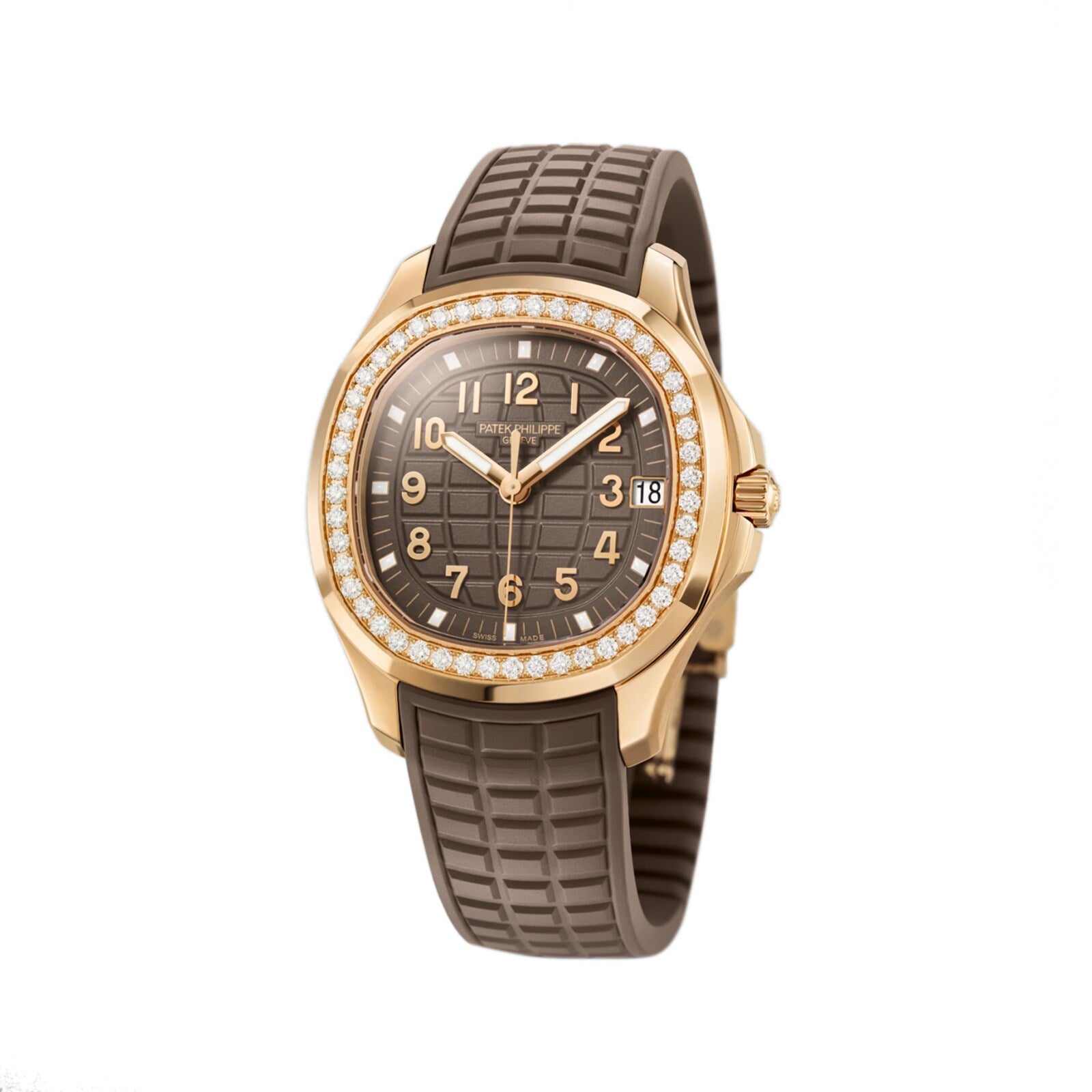 Patek Philippe Aquanaut 5268/200R-010: gold wristwatch featuring a diamond bezel, brown dial, and matching textured brown rubber strap.