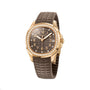 Patek Philippe Aquanaut 5268/200R-010: gold wristwatch featuring a diamond bezel, brown dial, and matching textured brown rubber strap.