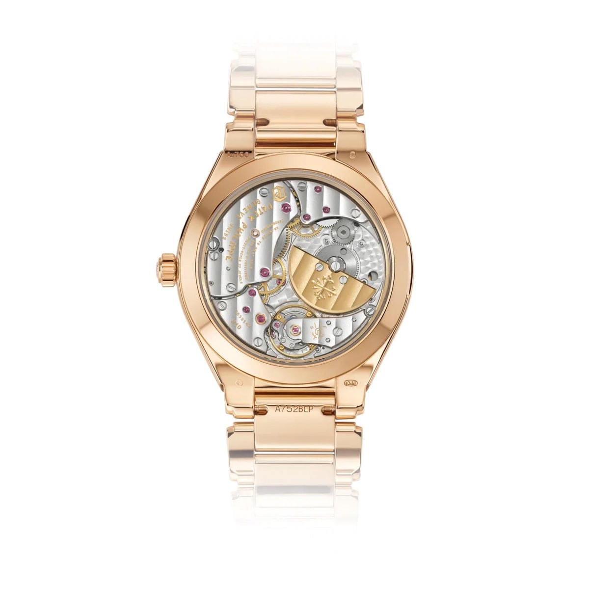 The Patek Philippe Twenty~4 7340/1R-001 wristwatch in rose gold features a transparent case back that reveals its intricate mechanical movement and gears.