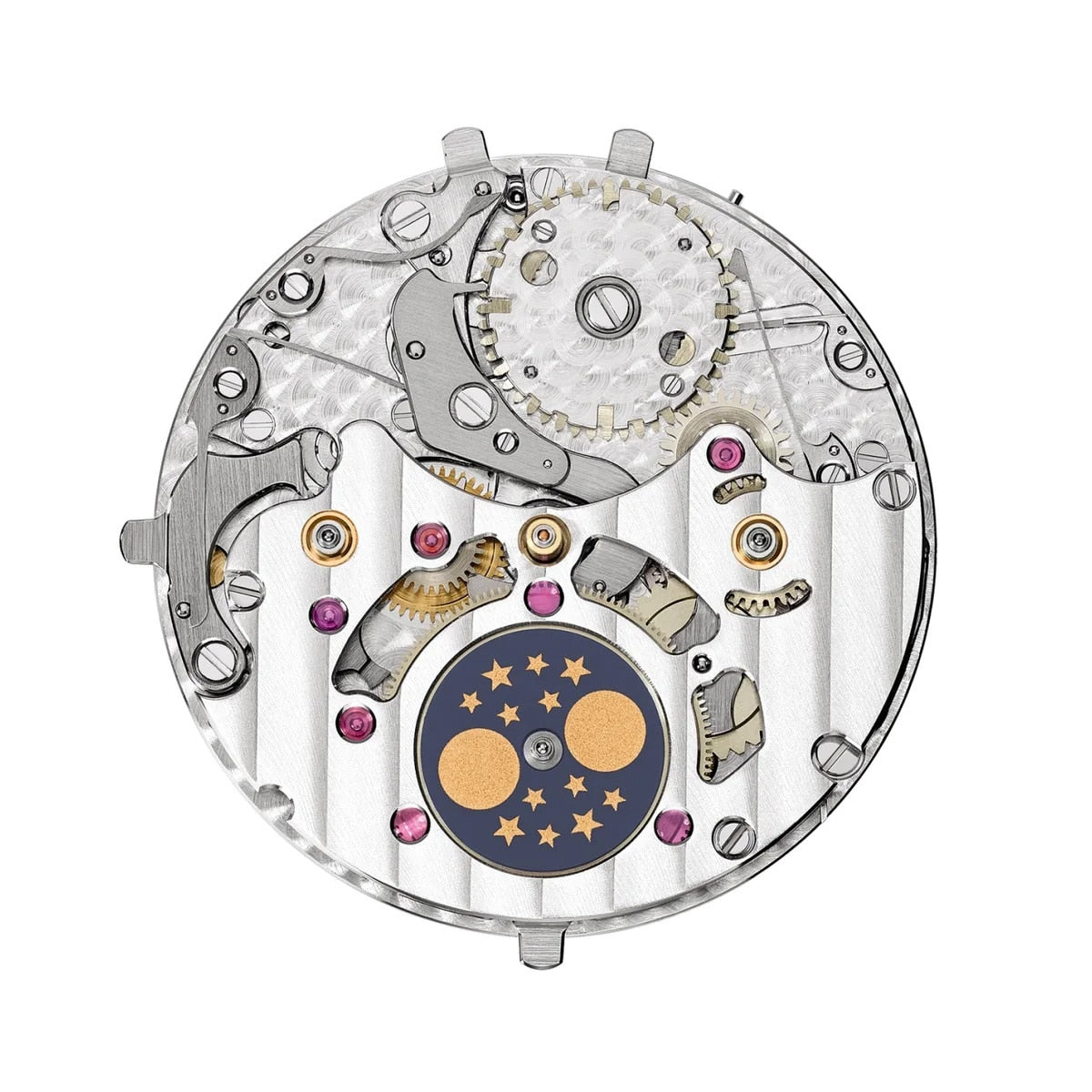 The Patek Philippe Twenty~4 7340/1R-001 features a mechanical movement with gears, jewels, and a moon phase display adorned with gold moons and stars.