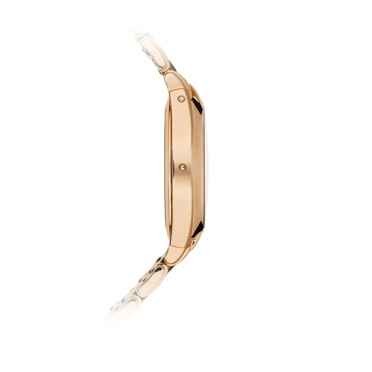 The Patek Philippe Twenty~4 7340/1R-001, a slim gold wristwatch with a metal link band, is displayed from the side against a white background.