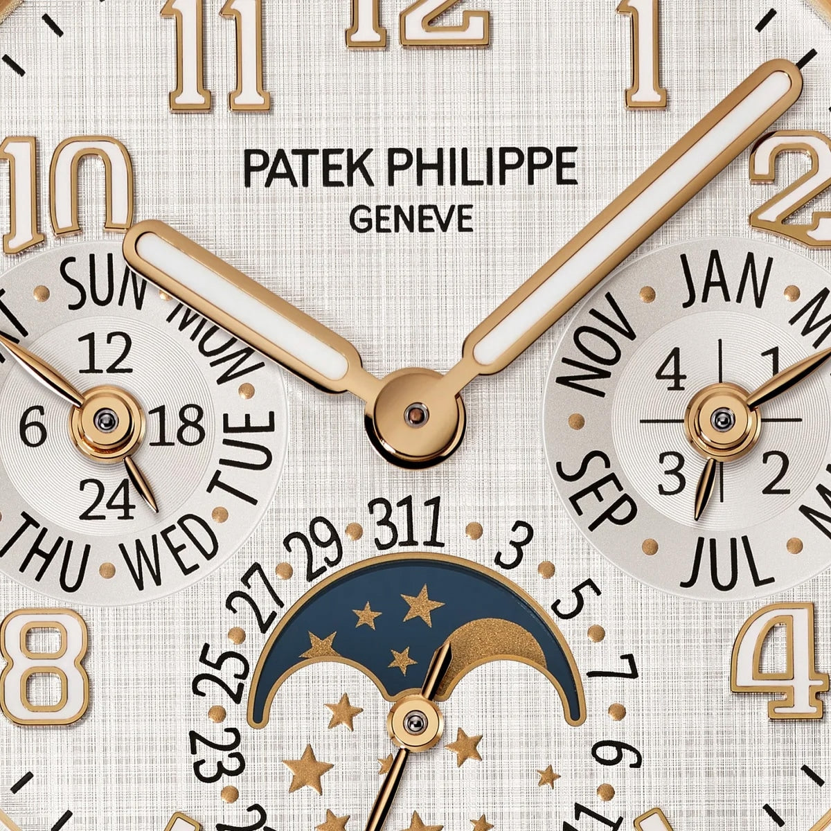 Close-up of the Patek Philippe Twenty~4 7340/1R-001 watch face, displaying time, date, day, month, and moonphase.