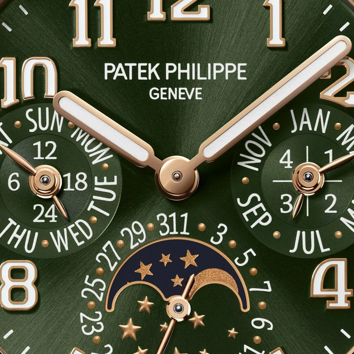 Close-up of a green Patek Philippe Twenty~4 7340/1R-010 watch face with gold hands, numerals, calendar, and moon phase display.