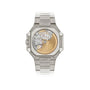 Back view of the Patek Philippe Cubitus 7128/1G-001 displays its exposed mechanical movement with gold and silver accents.