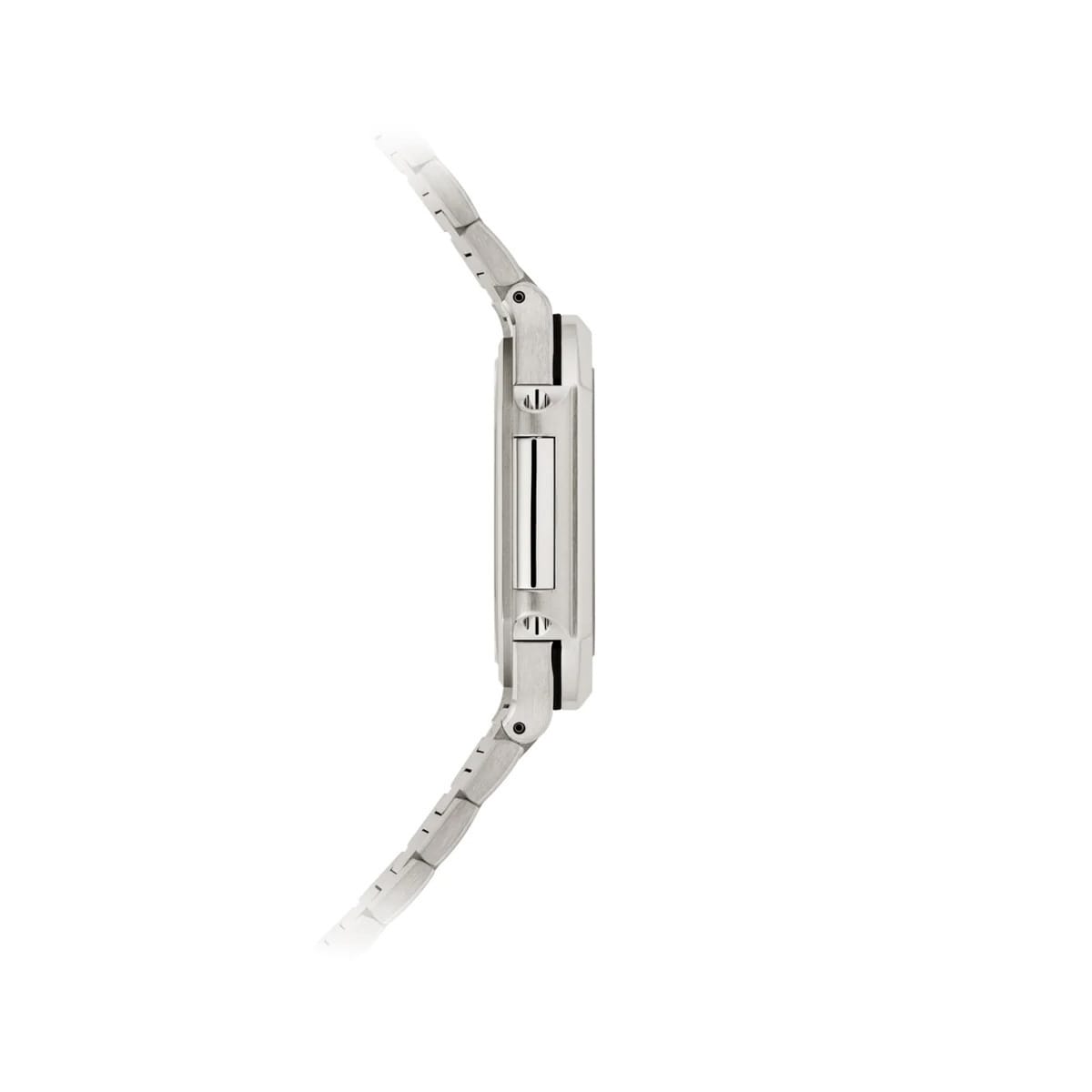 Side view of the Patek Philippe Cubitus 7128/1G-001, featuring a silver metal wristband and slim profile, displayed against a white background.