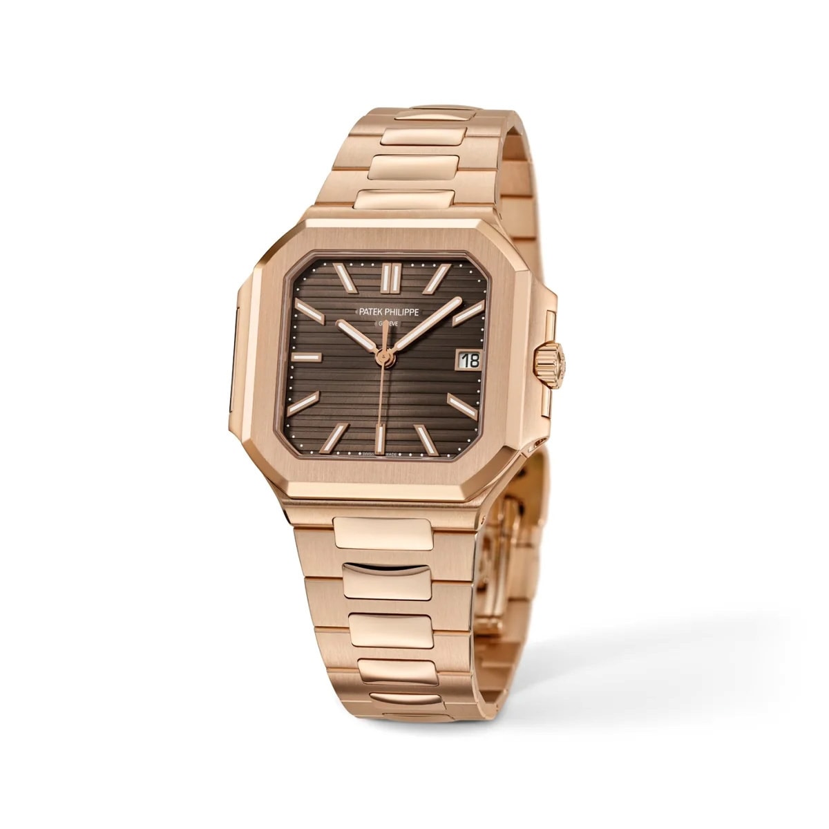 The Patek Philippe Cubitus 7128/1R-001 is a gold wristwatch featuring a brown face, date display, and linked bracelet, displayed on a white background.