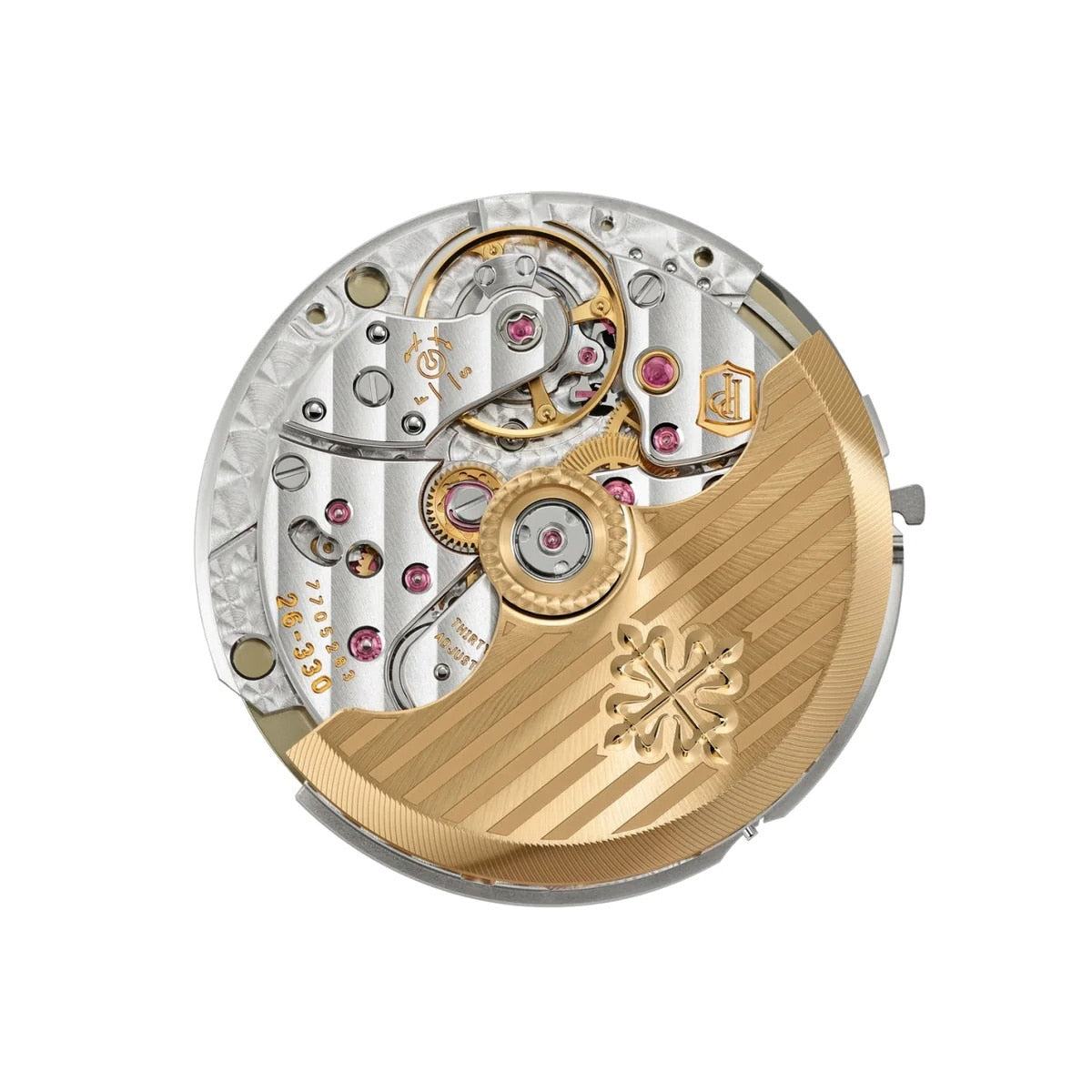 The Patek Philippe Cubitus 7128/1R-001 features a mechanical watch movement with a gold rotor, visible gears, jewels, and finely engraved metal components.