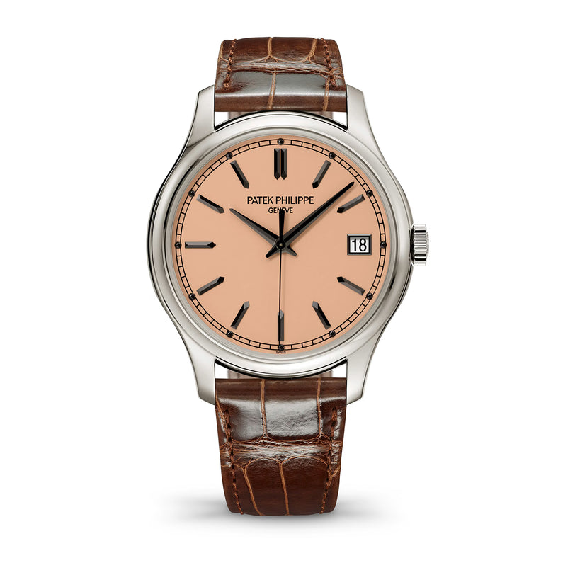 Patek Philippe watch with brown leather strap on a white background