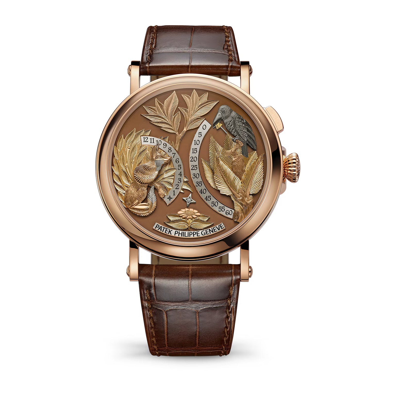 Luxury watch with detailed design and brown leather strap on white background