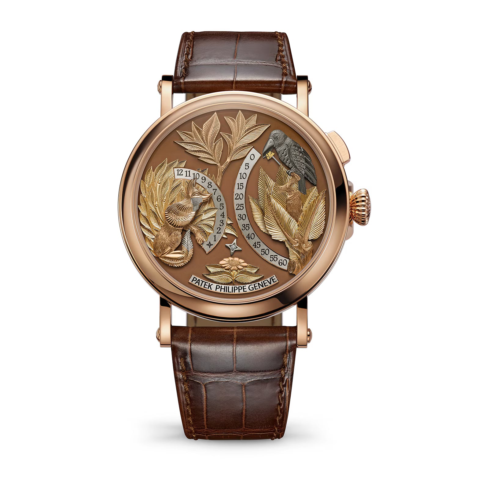 Luxury watch with detailed design and brown leather strap on white background