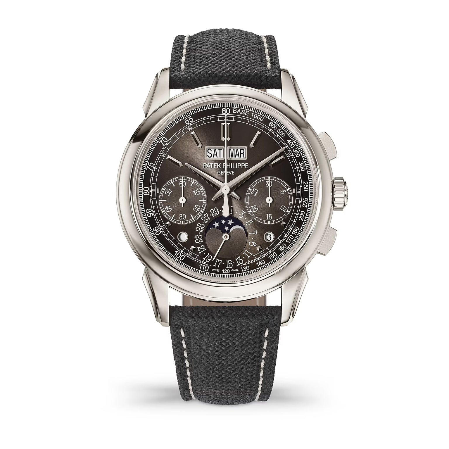 Luxury watch with black strap and detailed face on a white background