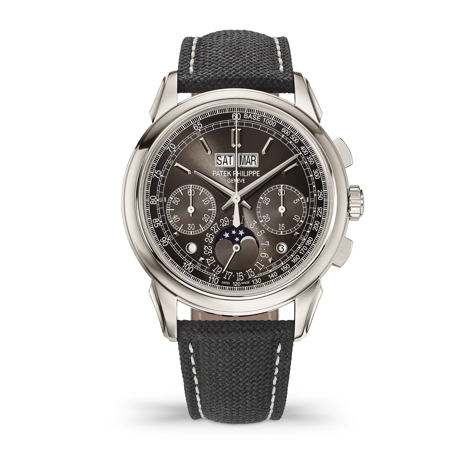 Luxury watch with black strap and detailed face on a white background