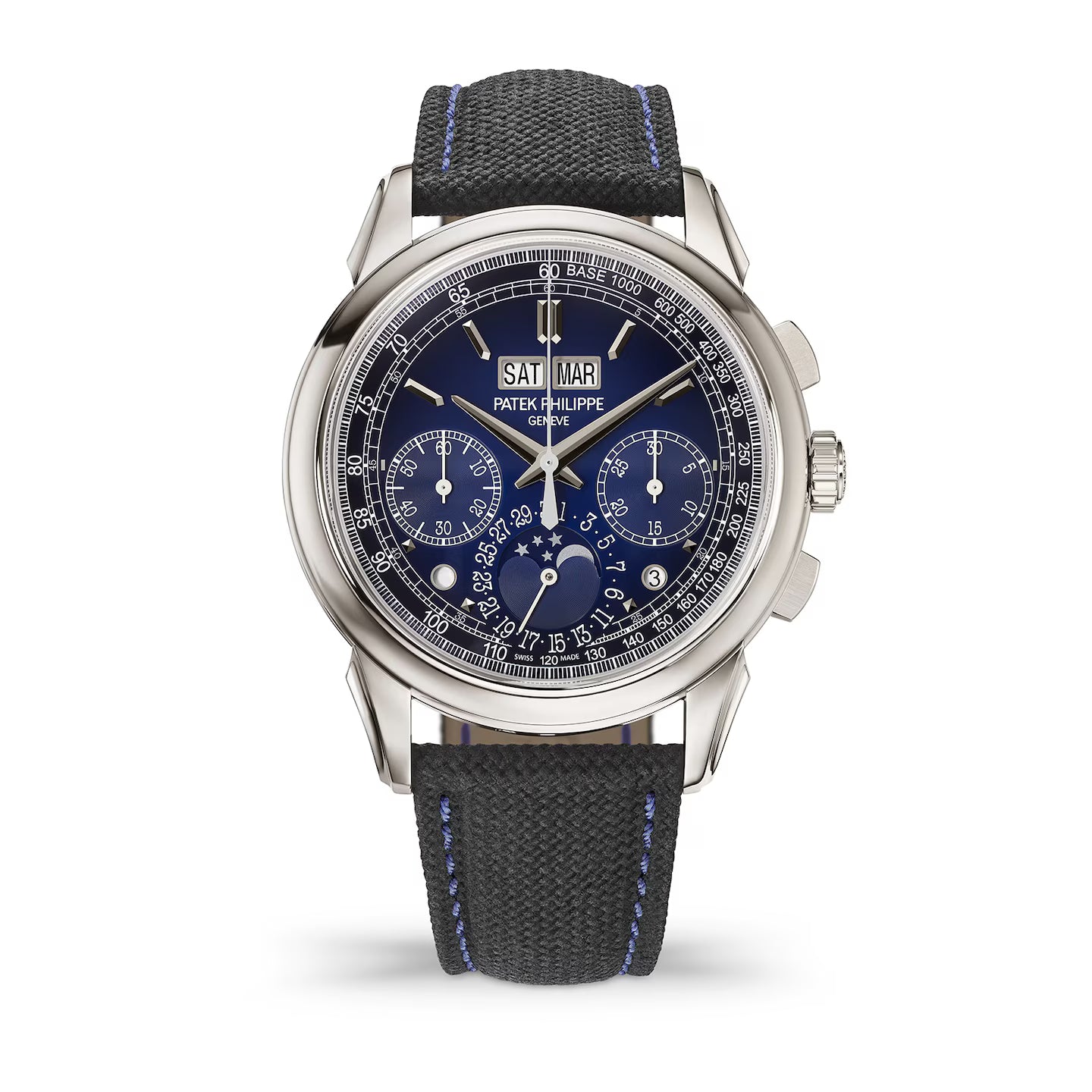 Luxury watch with blue face and black strap on white background