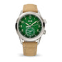 Watch with green dial and beige leather strap on a white background