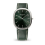 Patek Philippe watch with green face and leather strap on a white background