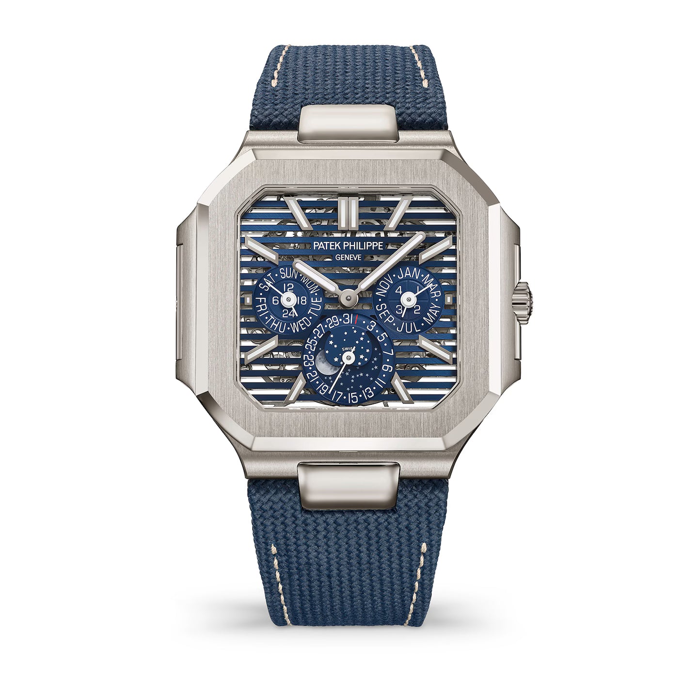 Patek Philippe watch with blue strap and face on a white background