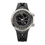 Black and silver watch with detailed face on a white background