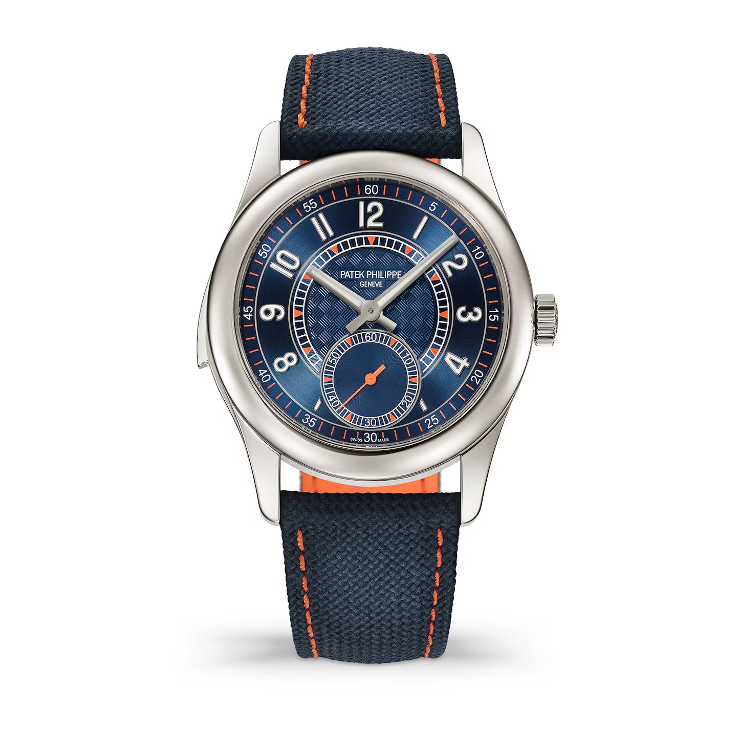 Watch with blue face and strap on a white background