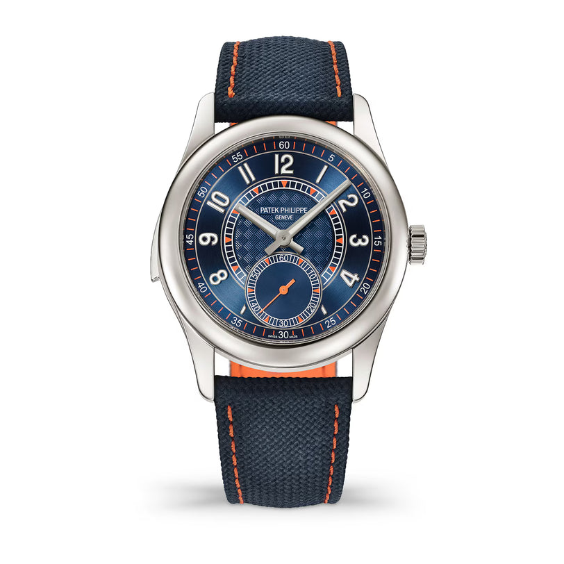 Watch with blue face and strap on a white background