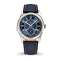 Watch with blue face and strap on a white background