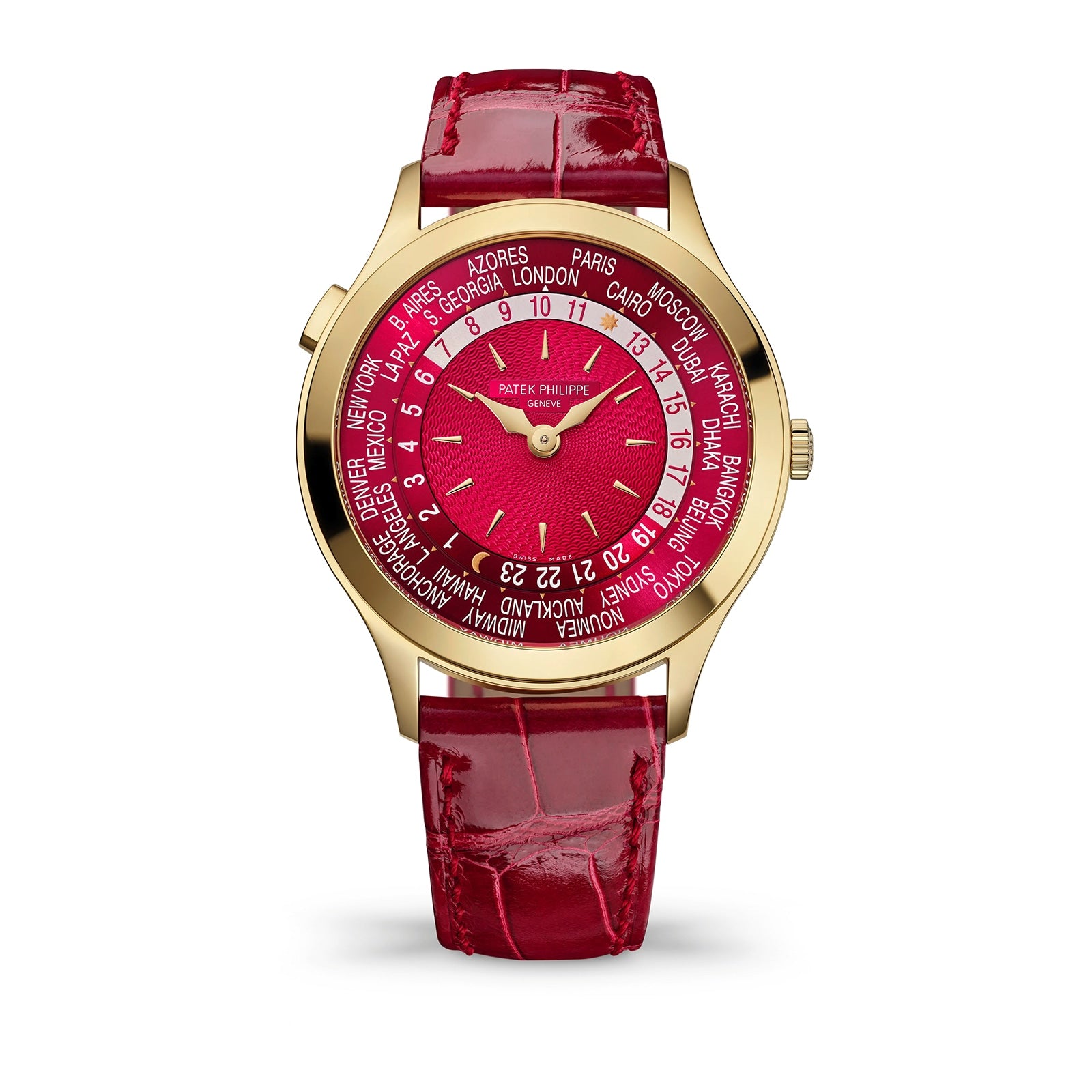 Watch with red strap and red face displaying city names on a white background