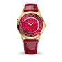 Watch with red strap and red face displaying city names on a white background