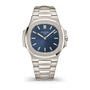 Silver Patek Philippe watch with blue dial on a white background