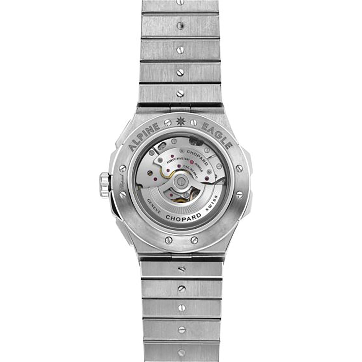 Back view of the Chopard Alpine Eagle XL Chrono in silver, showcasing Swiss craftsmanship with its exposed automatic movement visible through the transparent case back.