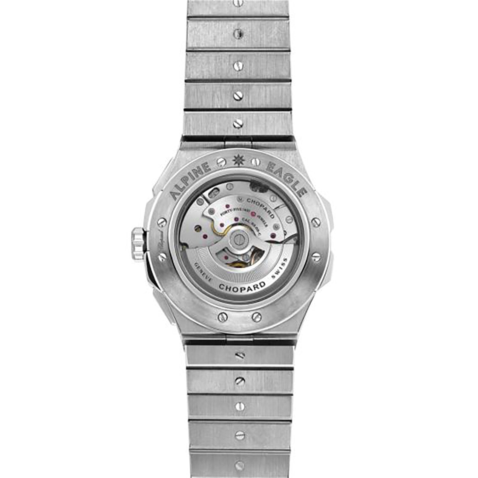 Back view of the Chopard Alpine Eagle XL Chrono in silver, showcasing Swiss craftsmanship with its exposed automatic movement visible through the transparent case back.