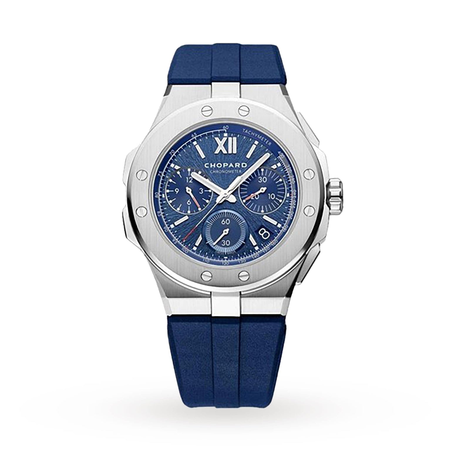 The Chopard Alpine Eagle XL Chrono, a silver wristwatch with blue dial, chronograph subdials, Roman numeral XII, and blue rubber strap, exemplifies Swiss craftsmanship on a white background.