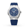 The Chopard Alpine Eagle XL Chrono, a silver wristwatch with blue dial, chronograph subdials, Roman numeral XII, and blue rubber strap, exemplifies Swiss craftsmanship on a white background.