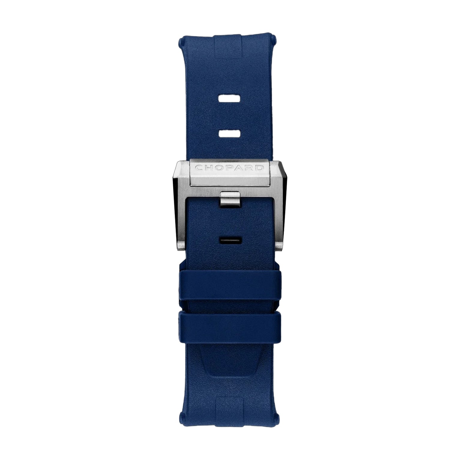 A blue rubber watch strap for the Chopard Alpine Eagle XL Chrono, featuring a silver clasp engraved with Chopard and displayed vertically on a plain white background—showcasing Swiss craftsmanship.