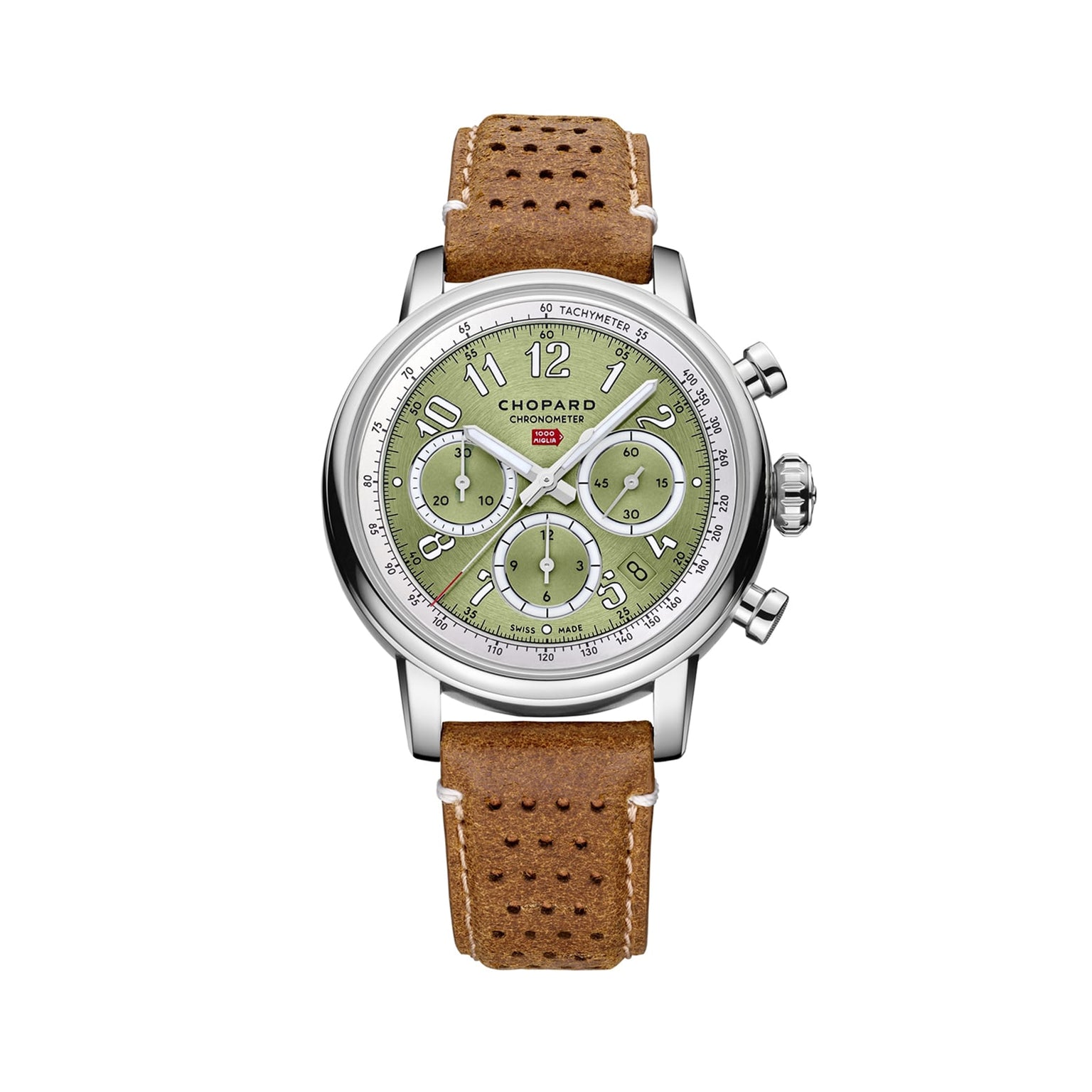 Chopard Mille Miglia Classic Chronograph with a light green dial and brown perforated leather strap, displayed on a white background.