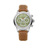 Chopard Mille Miglia Classic Chronograph with a light green dial and brown perforated leather strap, displayed on a white background.