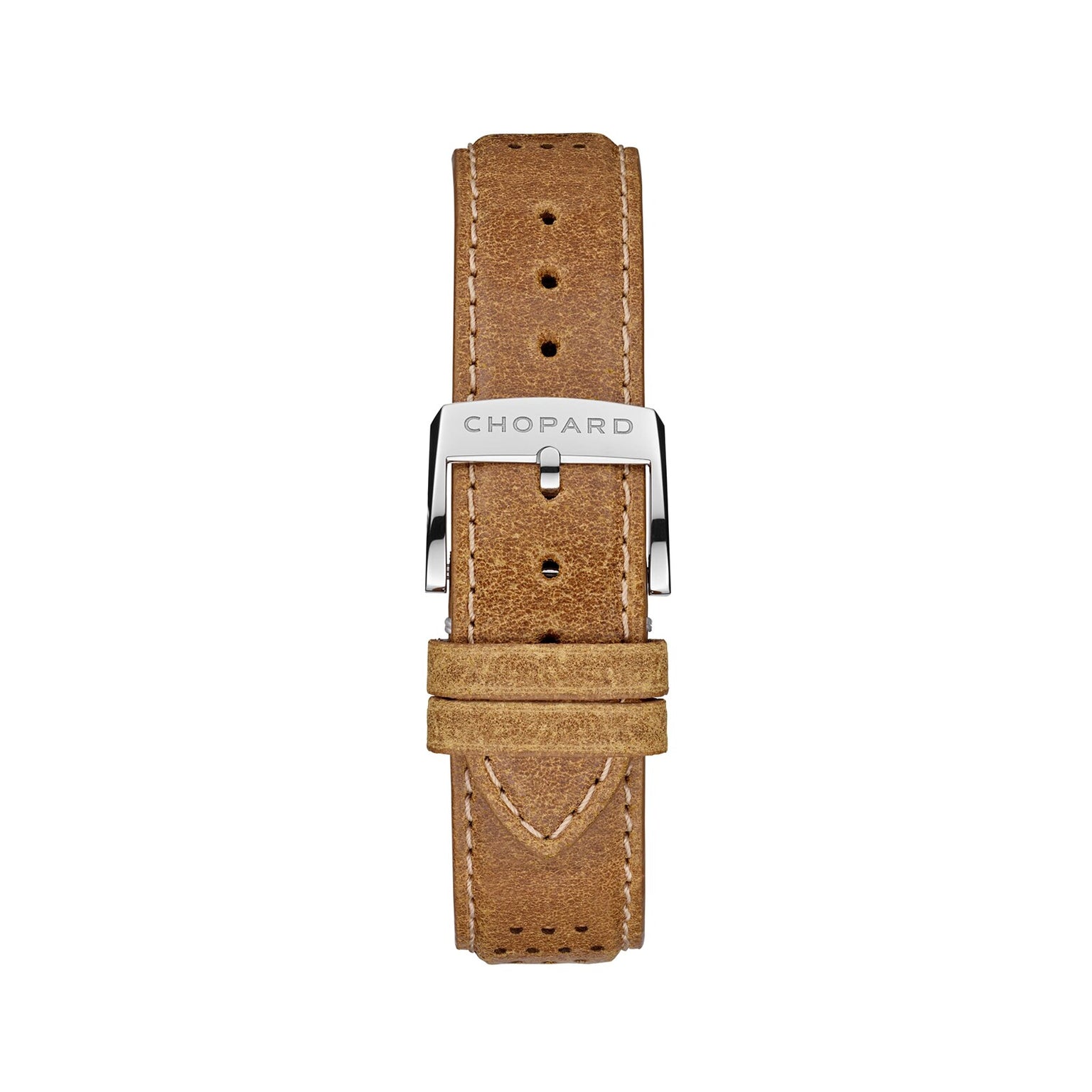 The Mille Miglia Classic Chronograph by Chopard features a light brown leather strap with a silver buckle engraved with the Chopard logo, displayed on a white background.