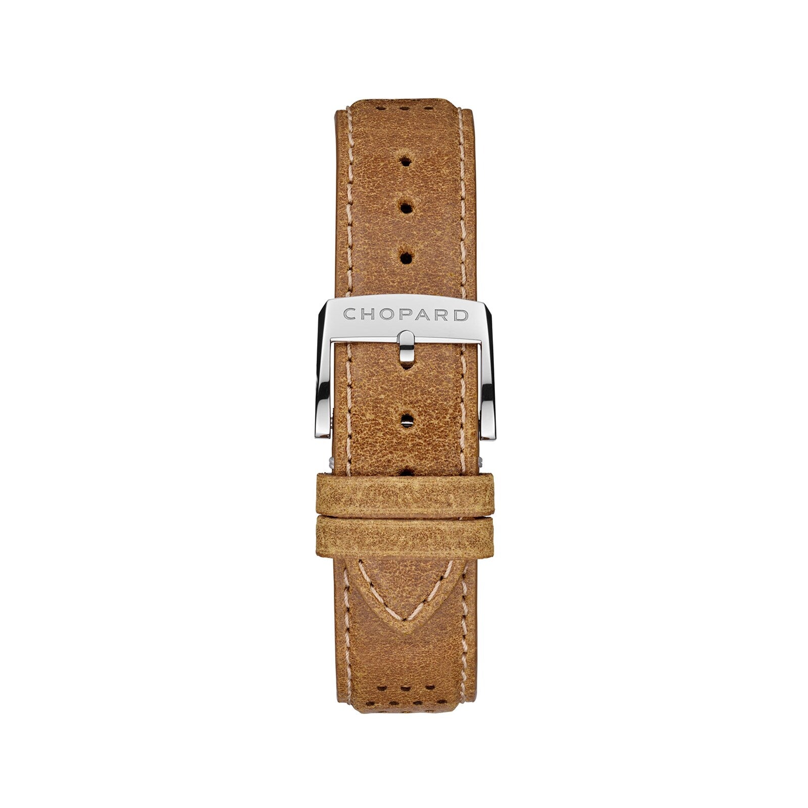 The Mille Miglia Classic Chronograph by Chopard features a light brown leather strap with a silver buckle engraved with the Chopard logo, displayed on a white background.