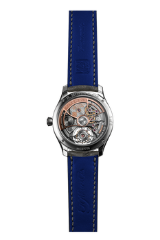 Mechanical watch with exposed tourbillon dial, silver-tone case, and blue leather strap.