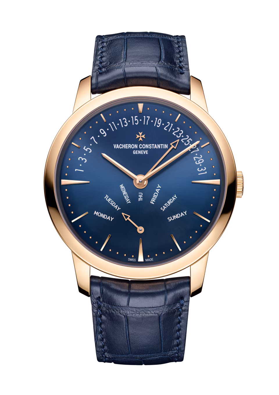 Rose gold watch with blue dial, day-date retrograde display, rose gold hands, and navy crocodile leather strap.