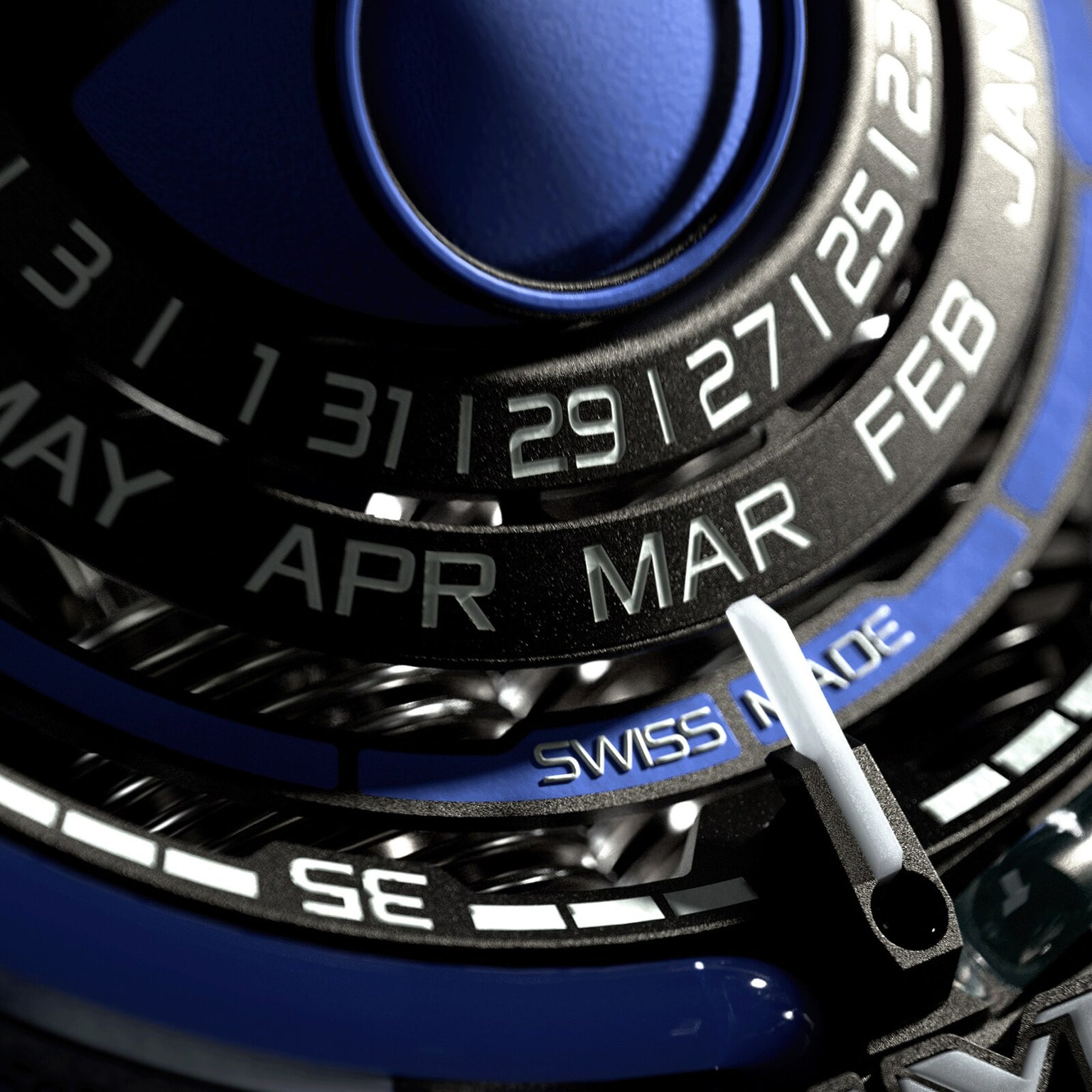 Ultra close view of the month indicator on the HYT Moon Runner Supernova Limited Edition
