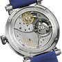 Back view of the Speake Marin Dual Time Watches of Switzerland Group Edition Blue, featuring an exposed movement, engraved text, and visible blue strap.