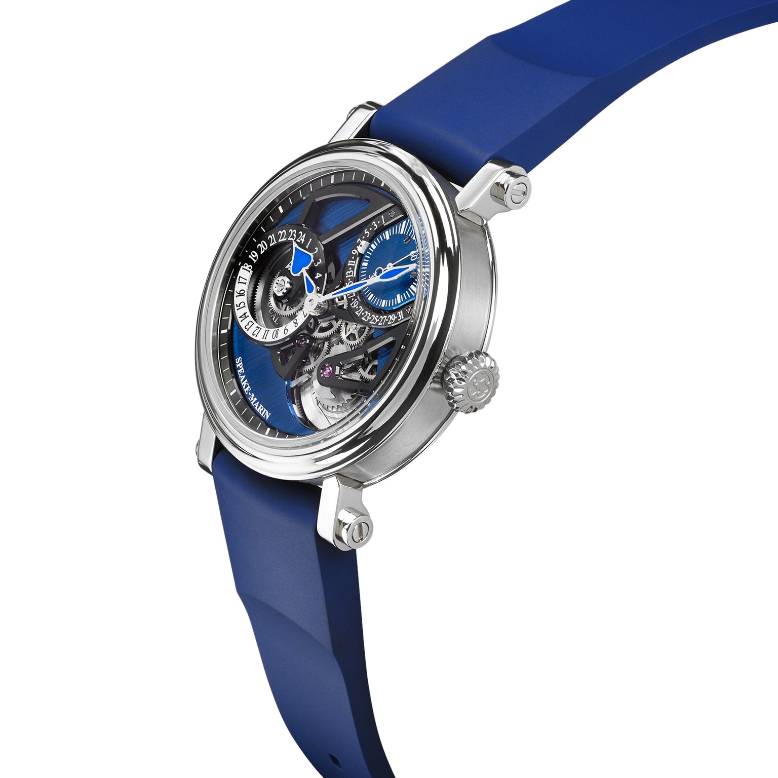 Speake Marin Dual Time Watches of Switzerland Group Edition Blue features a silver skeleton dial, blue strap, exposed gears, and blue hands set against a white background.