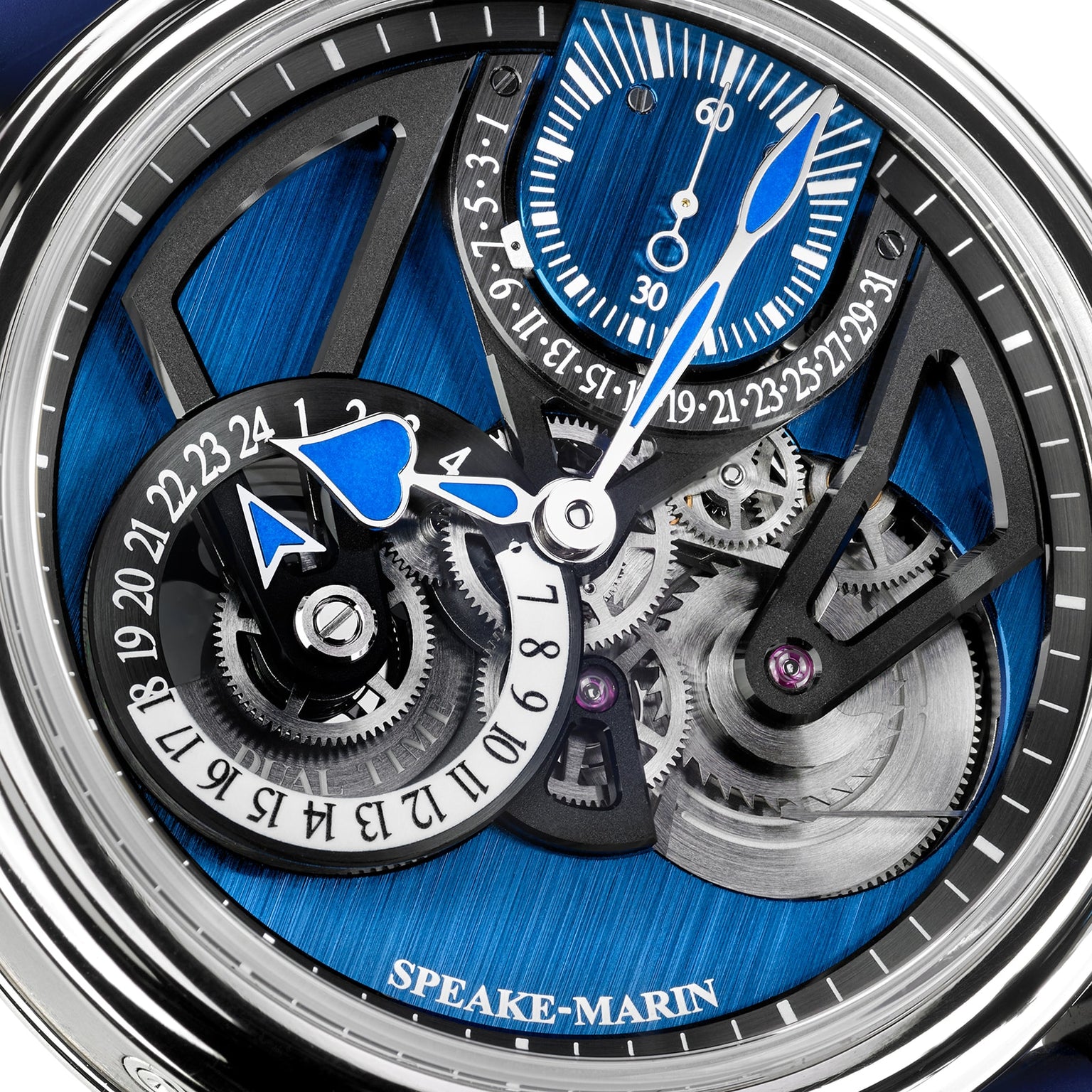 Close-up of the Speake Marin Dual Time Watches of Switzerland Group Edition Blue, featuring blue accents and visible gears with intricate mechanical detail.