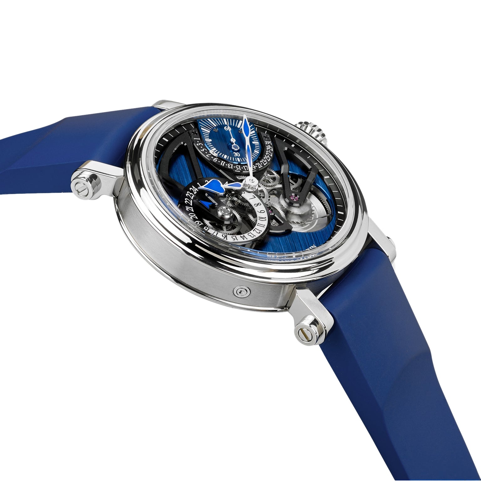 The Speake Marin Dual Time Watches of Switzerland Group Edition Blue features a blue strap, exposed gears, and a blue and silver dial, shown from a side angle.