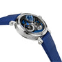 The Speake Marin Dual Time Watches of Switzerland Group Edition Blue features a blue strap, exposed gears, and a blue and silver dial, shown from a side angle.