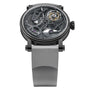 The Speake Marin Openworked Tourbillon Black DLC is a luxury skeleton watch with visible gears, a black case, and a light gray strap, shown from the front.