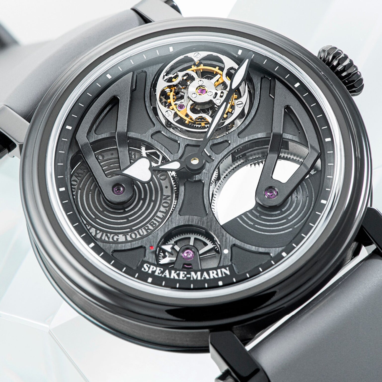 Close-up of the Speake Marin Openworked Tourbillon Black DLC, a luxury skeleton watch with visible gears and a black dial.