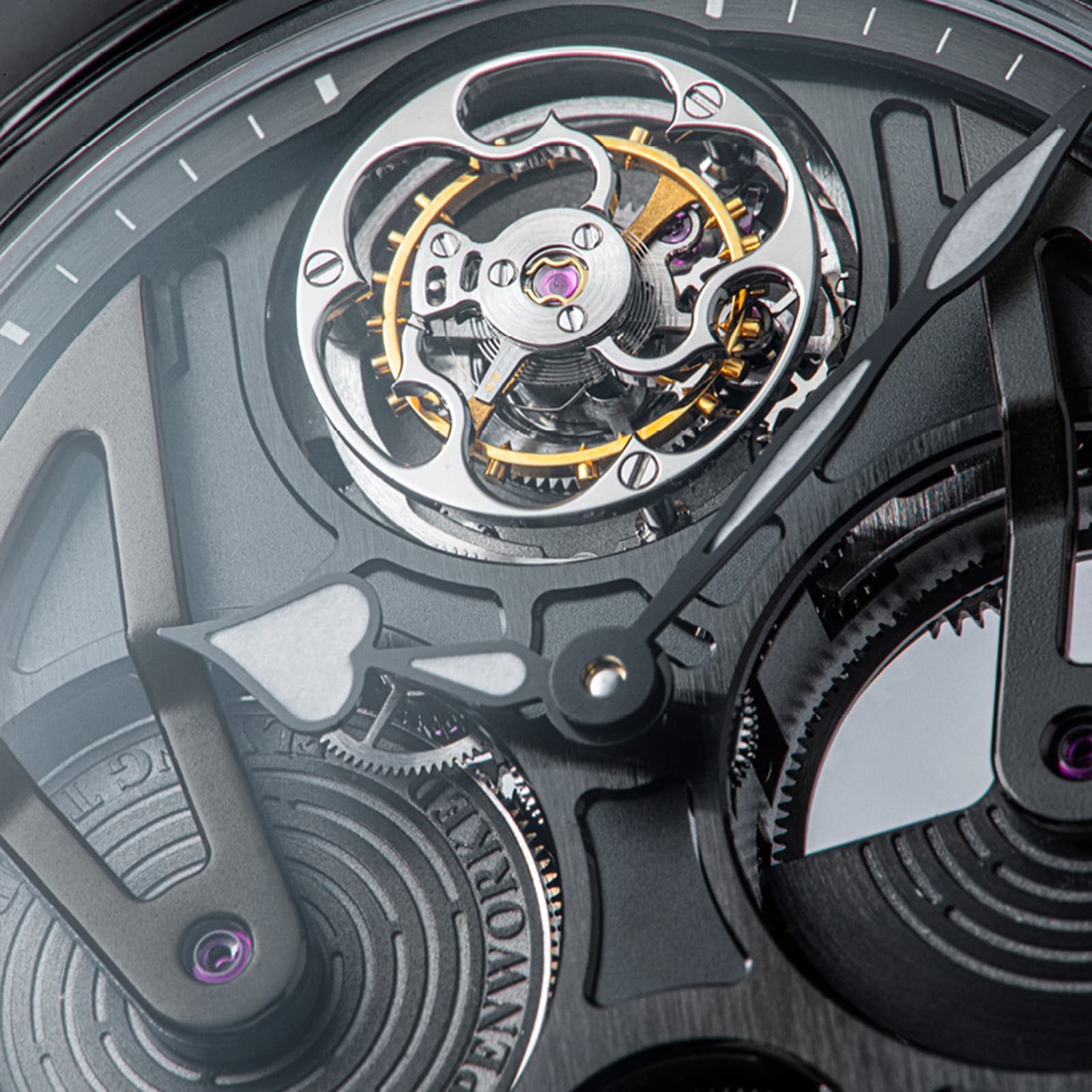 Close-up of the Speake Marin Openworked Tourbillon Black DLC, highlighting its luxury skeleton movement, intricate gears, and visible tourbillon mechanism.