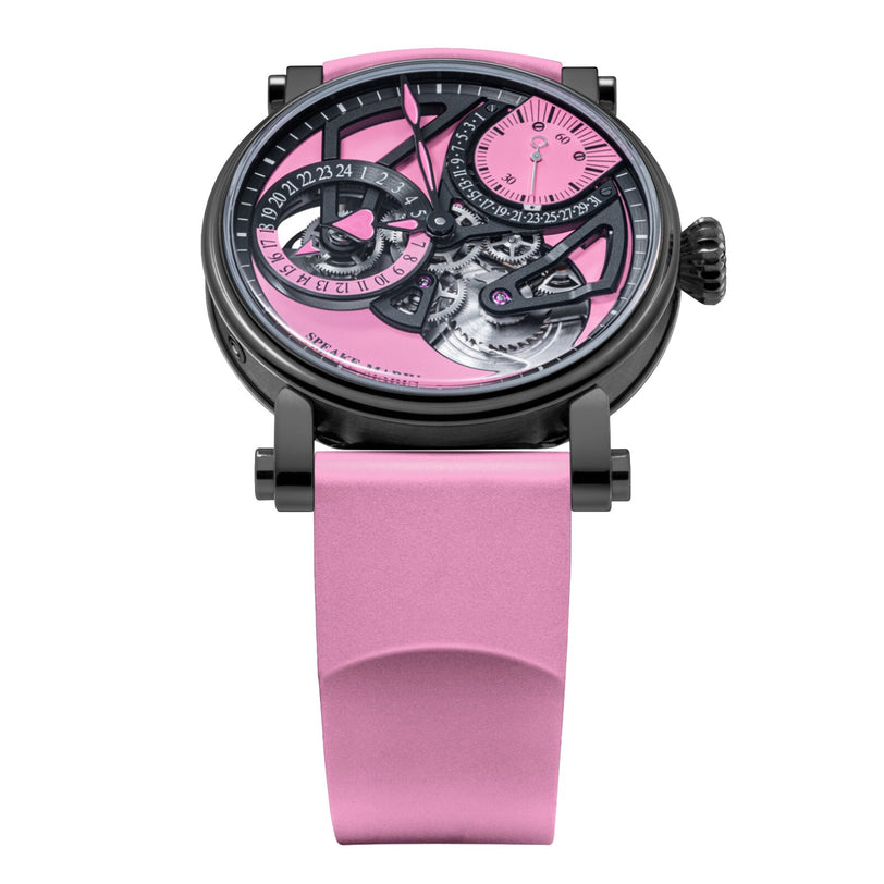 The Speake Marin Dual Time Pink is a luxury watch featuring a pink strap, black case, and an exposed pink and silver mechanical dial.