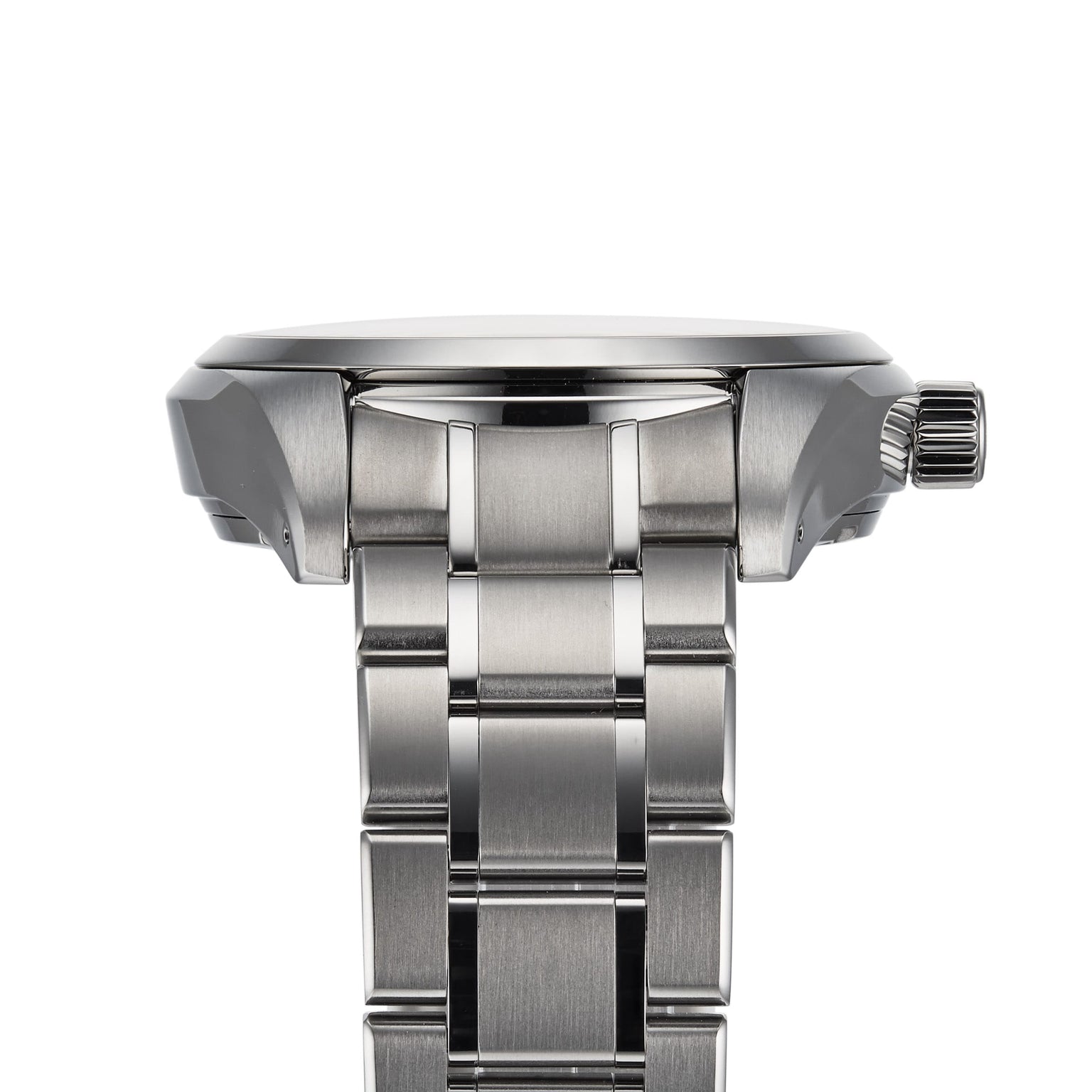 Side view of the Grand Seiko Spring Drive Heritage wristwatch with a titanium case, metal band, and a ridged crown on the right side.