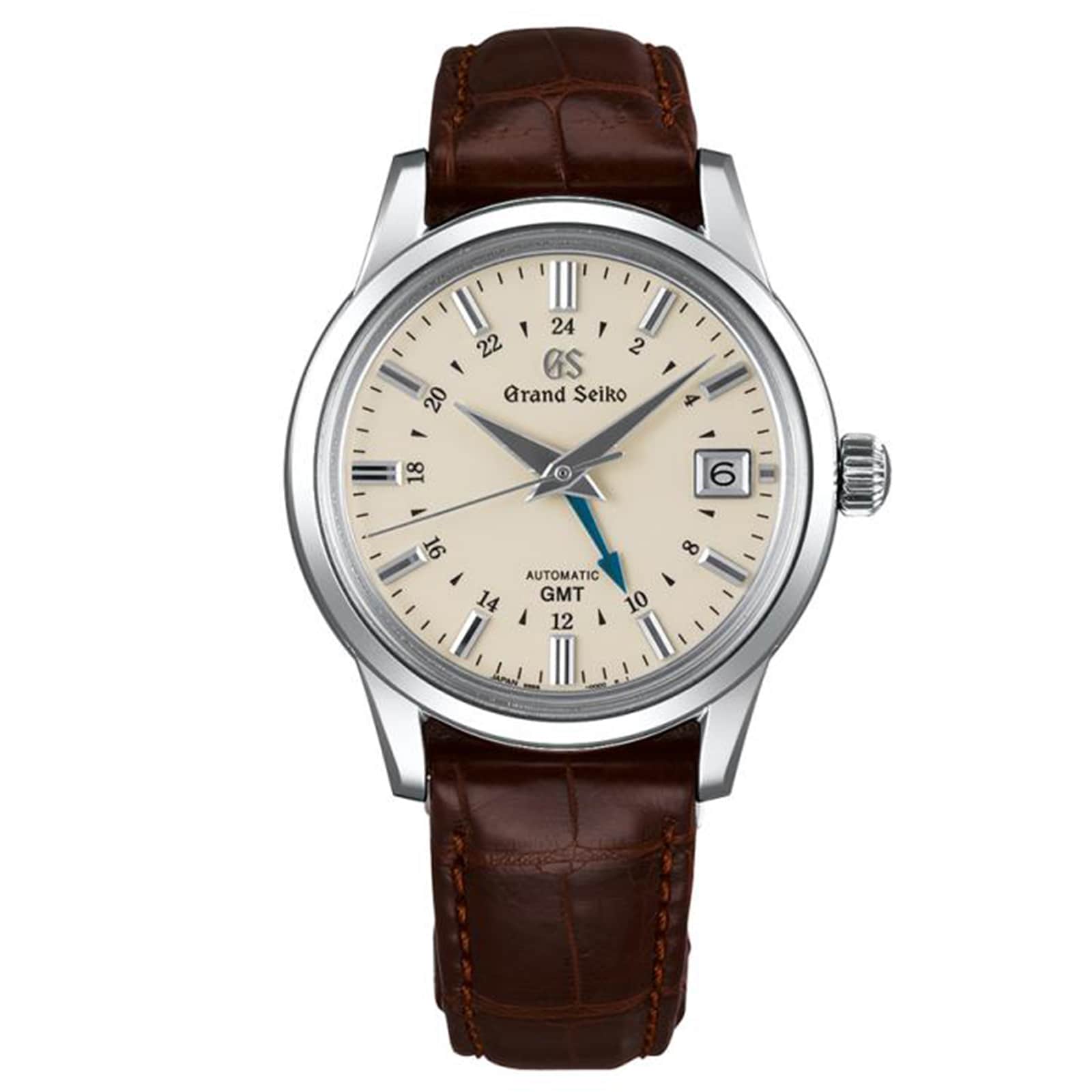 The Grand Seiko Automatic GMT Elegance features a cream dial, brown leather strap, date at 3 o’clock, GMT function, and precise automatic movement.